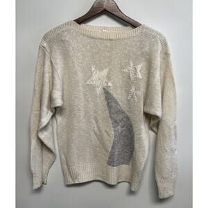 Vintage 70s Cotton Blend Knit Sweater Indie Groovy Stars Embroidered SMALL 1970s